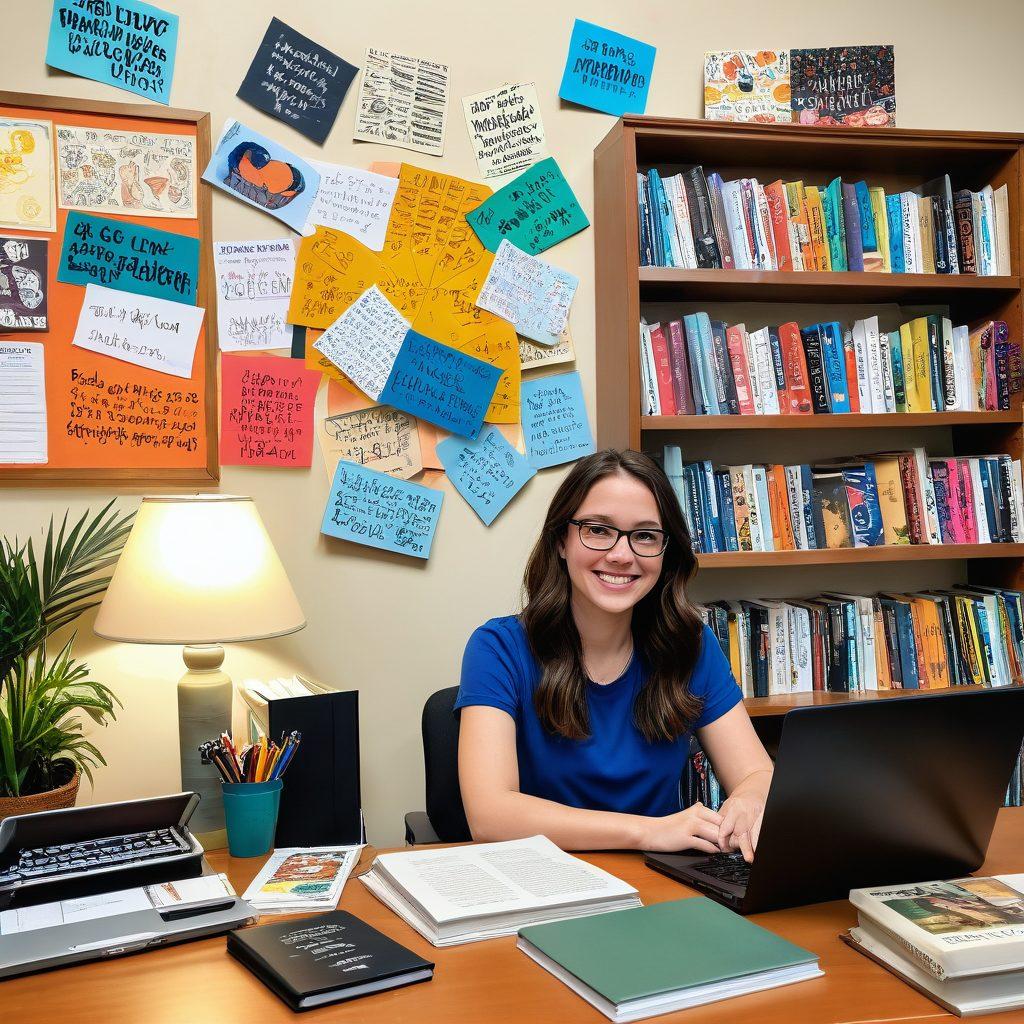 A vibrant illustration showing a smiling writer sitting at a desk with a laptop, surrounded by enthusiastic fans holding books and fan art. The background features a bulletin board filled with fan letters and a bookshelf with popular fanfiction titles. Super-realistic. Vibrant colors. Warm and inviting atmosphere.