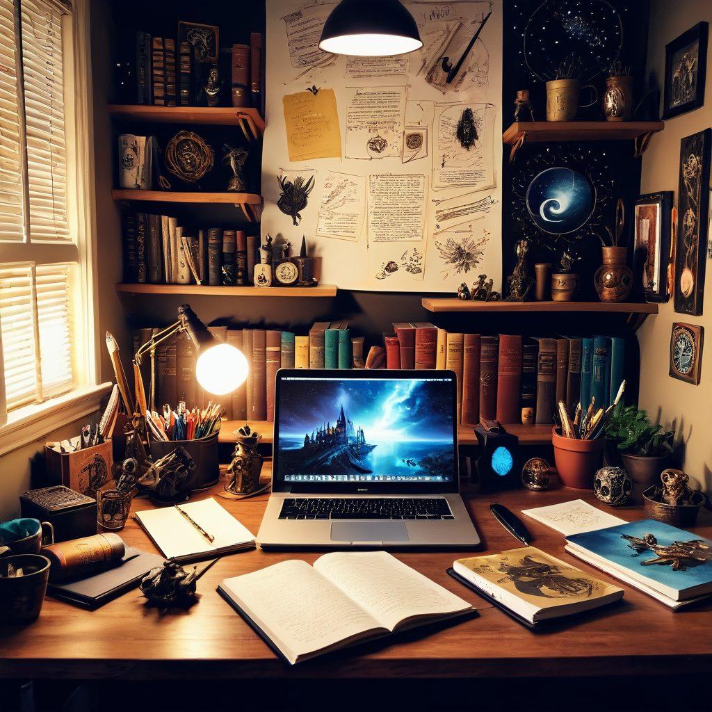 A cozy, creative workspace filled with writing tools, notebooks, and a laptop, surrounded by floating, magical elements representing various fandoms like Harry Potter, Marvel, and Star Wars. An aspiring writer with a thoughtful expression is jotting down ideas. Warm lighting and whimsical details enhance the imaginative atmosphere. painting. vibrant colors.
