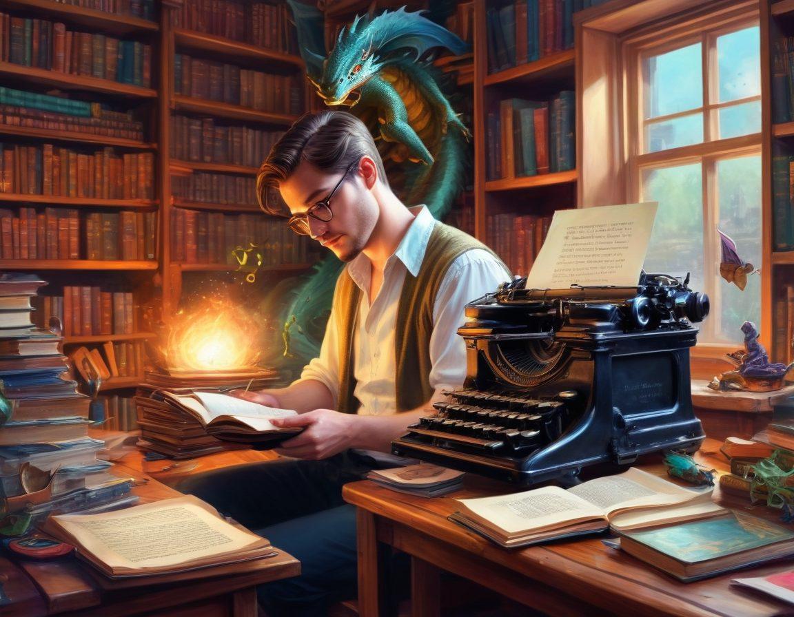 A writer at a vintage typewriter, surrounded by a swirl of mystical creatures and fantastical elements from various fandoms like dragons, spaceships, and wizards. The background features bookshelves filled with classic literature and fanfic tropes. The scene should evoke creativity, imagination, and literary mastery. painting. vibrant colors.